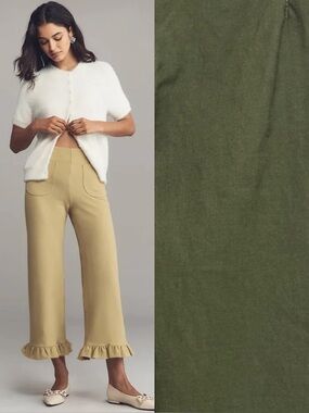 The Colette Magic Fabric Ruffle-Hem Crop Wide-Leg Pants by Maeve Olive Green
